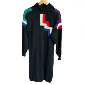 Vintage John Richard 80s Sweater Dress Black Color Block Size M Acrylic & Angora